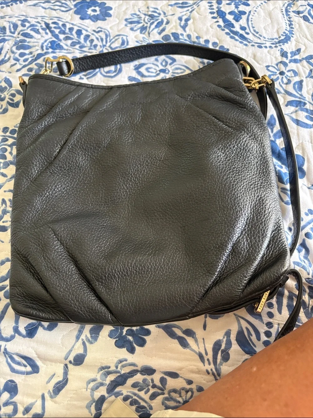 Tory Burch Black Pebbled Leather Logo Crossbody
